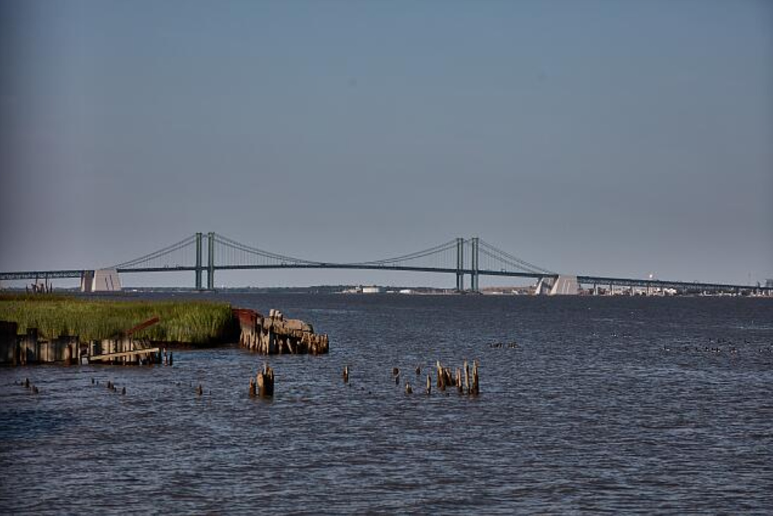 A color photograph of the twin spans of the Delaware Memorial Bridge.