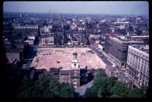 Photo from above of Independence Hall and the adjacent northern block, which was recently leveled