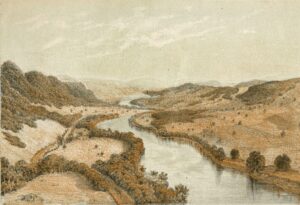 Depiction of the Delaware winding through hills