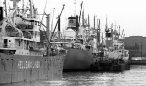 Photograph of Hellenic Lines ships docked at the Port Tioga Terminal