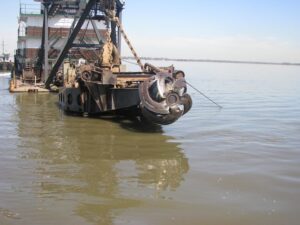 Photograph of a Dredge Pullen above the Delaware River