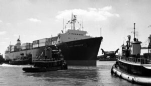 Photograph of a cargo ship docked at the Packer Avenue Marine Terminal
