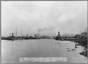 black and white photo of refinery letting off smoke across river