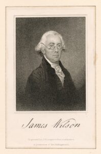 Black and white copy of a portrait of James Wilson, wearing glasses and a wig.