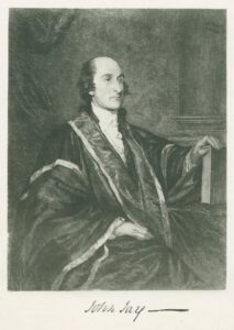 Black and white portrait sketch of John Jay posing wearing court justice robes, his left hand resting on a book.