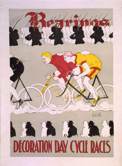 A color poster advertising bicycle races. There are three rows of men visible. The top row shows silhouetted Union and Confederate soldiers with rifles shouldered. The center row shows men racing on bicycles. The bottom row represents the same soldiers as old men carrying canes instead of firearms. Text reads "Bearing's Decoration Day Races".