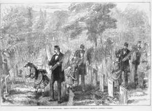 A black and white engraving of men and young girls cleaning graves and placing flowers at Glenwood Cemetery