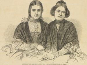 This is a sketch of two sisters posed and half-embracing in nineteenth-century period dress.