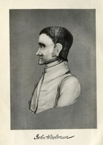 a black and white drawing of John Woolman shown in profile.