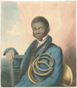 Painting of Francis Johnson holding a horn.