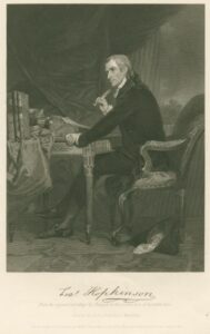 Drawing of Francis Hopkinson in nice dress half-leaning over a table writing with a quill raised in his hand.