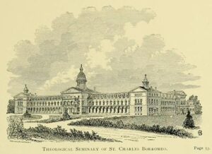 Black and white sketch of front of large seminary building