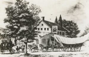 Drawing of a large house with two vehicles in front