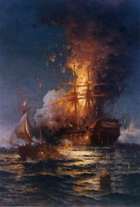 painting of a burning ship