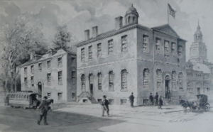 black and white watercolor of the american philosophical society building